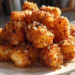 A close-up of a mound of golden brown Air Fryer Crispy Garlic Parmesan Tater Tots seasoned with herbs and cheese.
