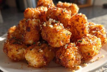 A close-up of a mound of golden brown Air Fryer Crispy Garlic Parmesan Tater Tots seasoned with herbs and cheese.