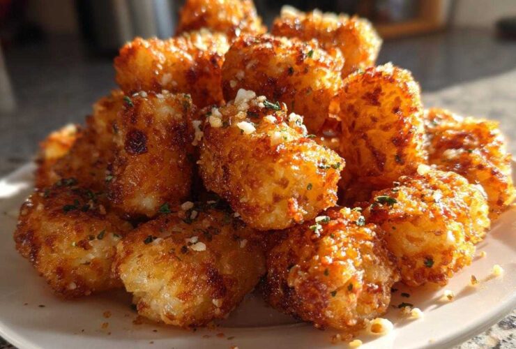 A close-up of a mound of golden brown Air Fryer Crispy Garlic Parmesan Tater Tots seasoned with herbs and cheese.