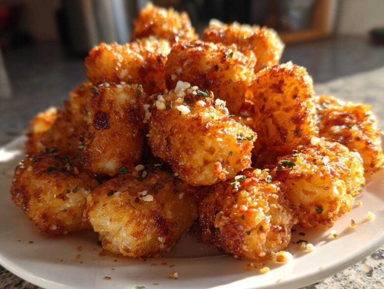 A close-up of a mound of golden brown Air Fryer Crispy Garlic Parmesan Tater Tots seasoned with herbs and cheese.