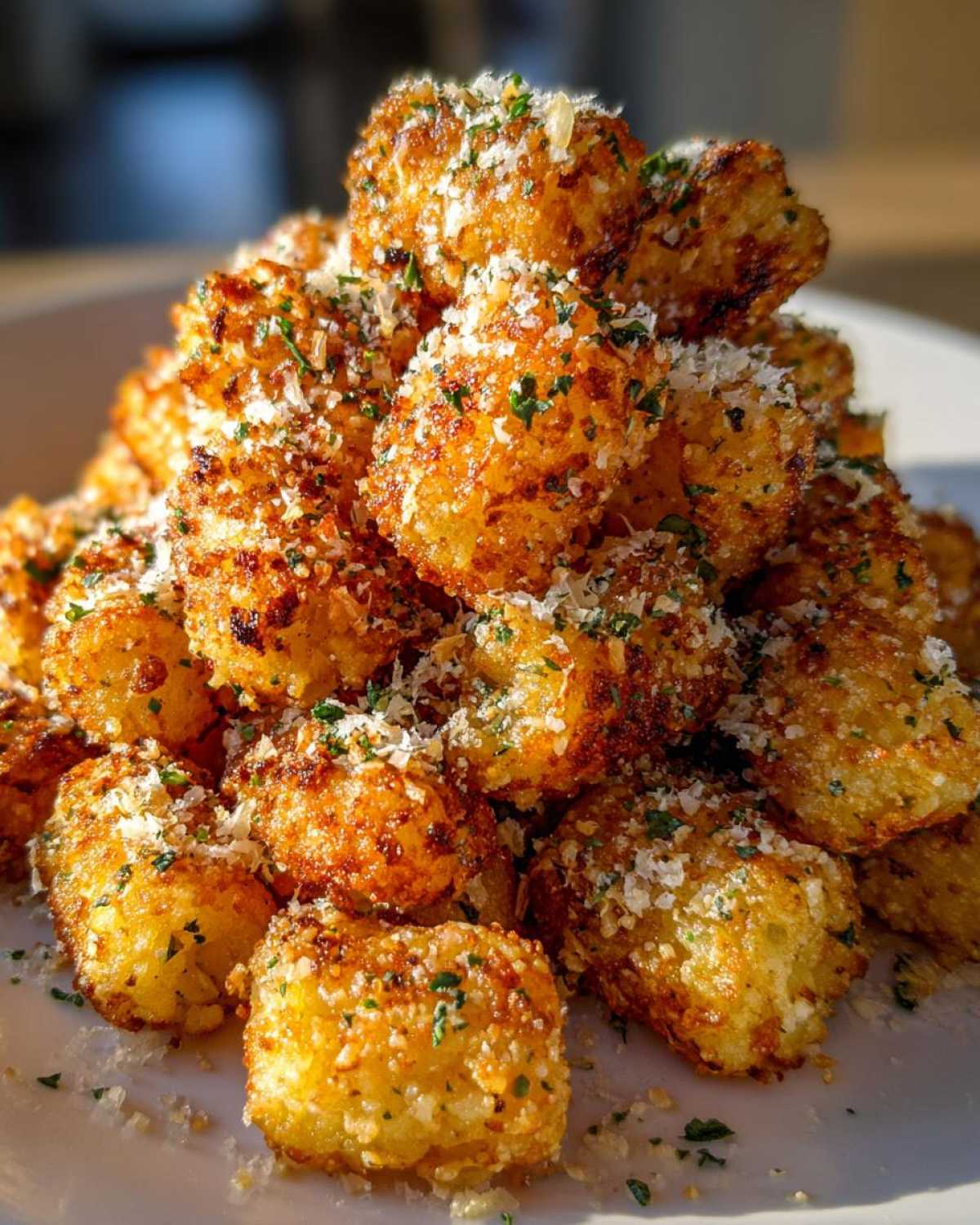 A close-up, high-angle shot of a mound of Air Fryer Crispy Garlic Parmesan Tater Tots sprinkled with grated cheese and parsley.