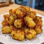 A mound of golden brown Air Fryer Crispy Garlic Parmesan Tater Tots seasoned with herbs on a white plate.