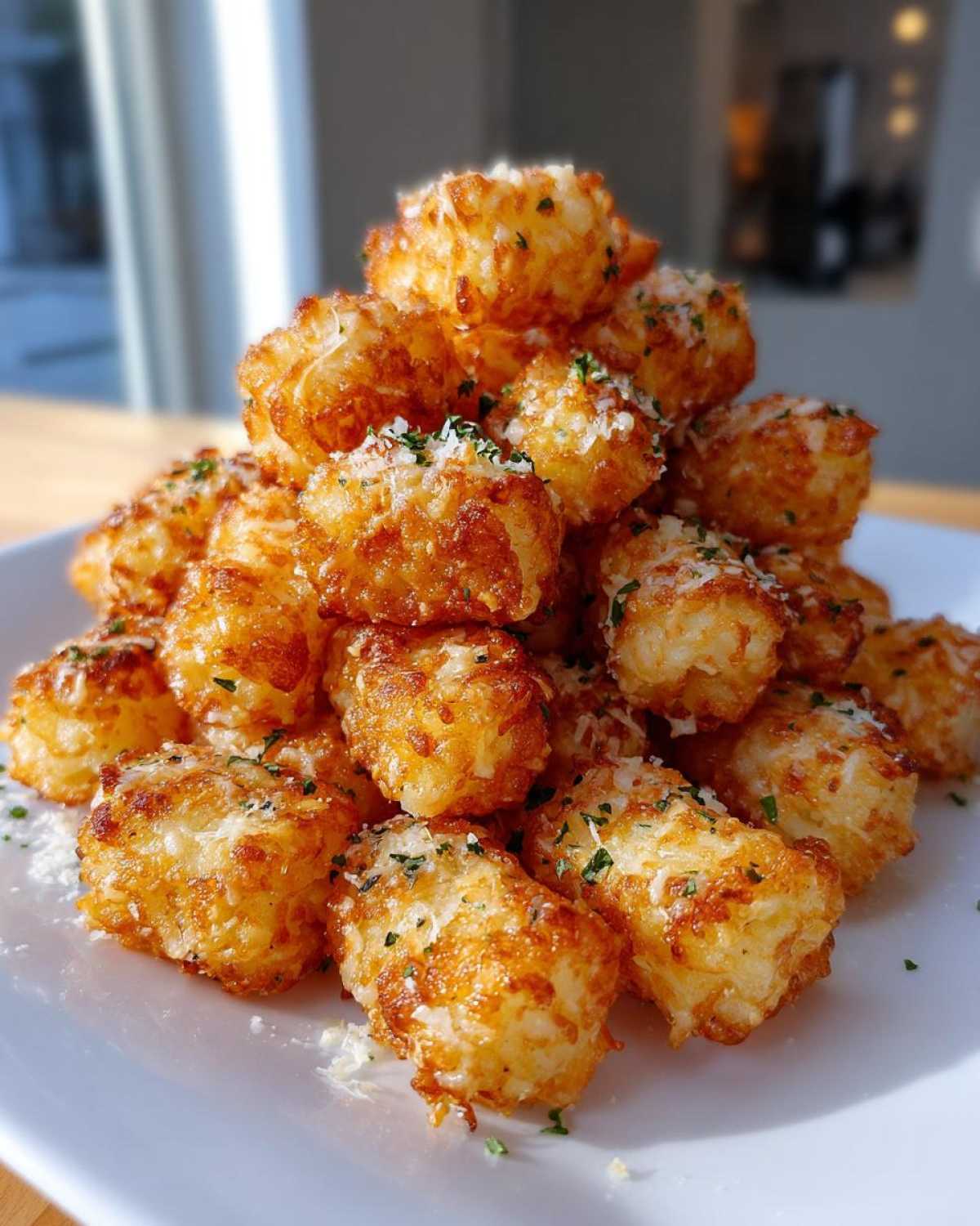 A tall pile of golden brown Air Fryer Crispy Garlic Parmesan Tater Tots topped with grated cheese and parsley.