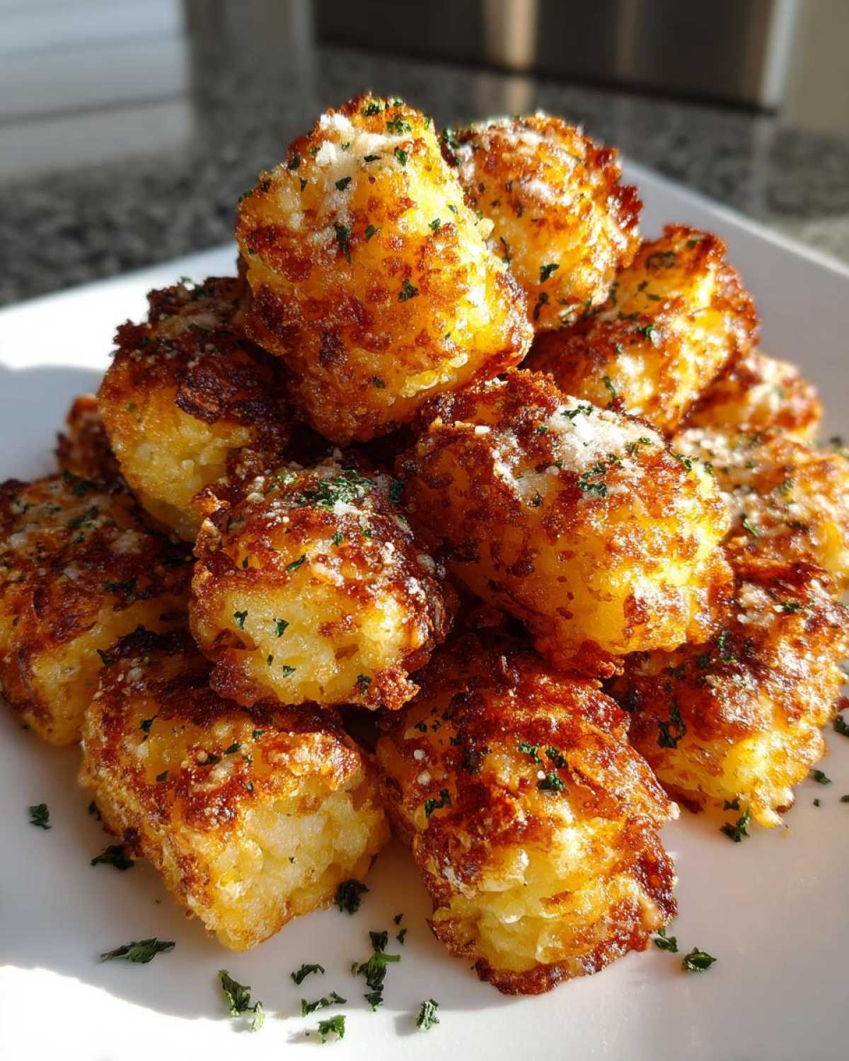 A close-up pile of golden brown Air Fryer Crispy Garlic Parmesan Tater Tots dusted with grated cheese and parsley.