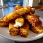 A close-up of golden brown Air Fryer Crispy Halloumi Fries piled high on a white plate, showing the melted interior of one broken fry.