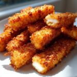A pile of golden brown Air Fryer Crispy Halloumi Fries on a white plate, showing a soft, melted interior on one broken piece.