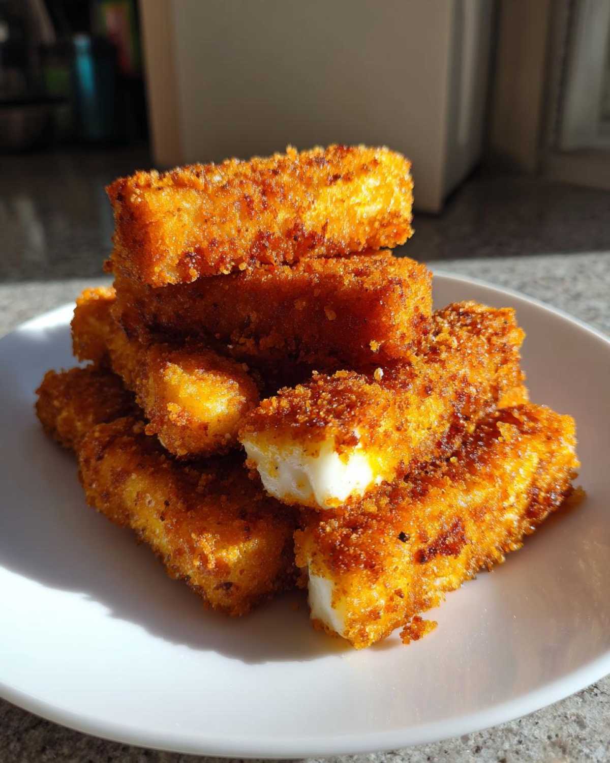 A stack of golden brown, crispy Air Fryer Crispy Halloumi Fries on a white plate, showing the soft white cheese inside one broken fry.