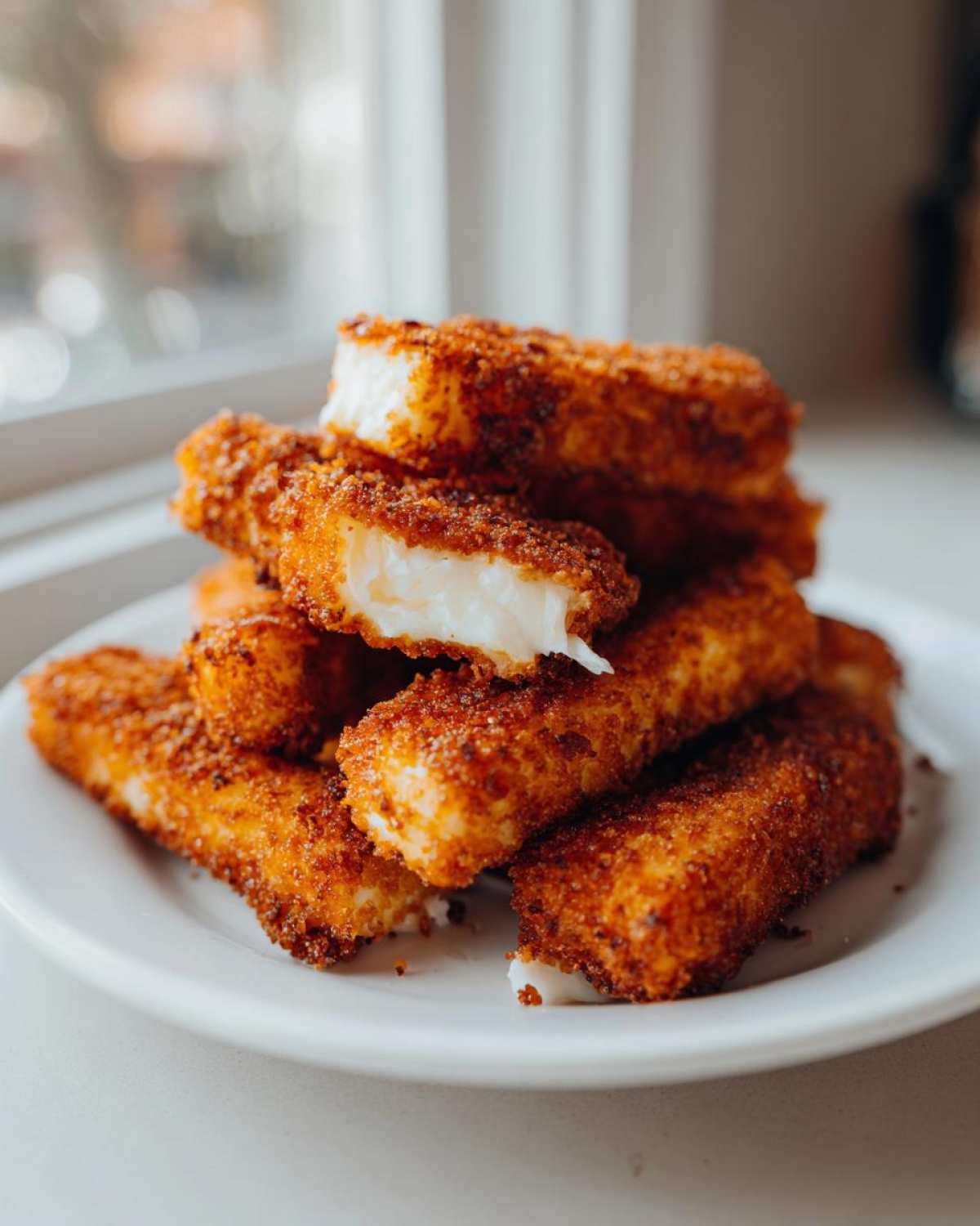 A stack of golden brown Air Fryer Crispy Halloumi Fries on a white plate, one piece broken open showing the soft white cheese inside.