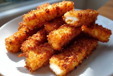 A pile of golden brown Air Fryer Crispy Halloumi Fries on a white plate, showing a soft, melted interior on one broken piece.