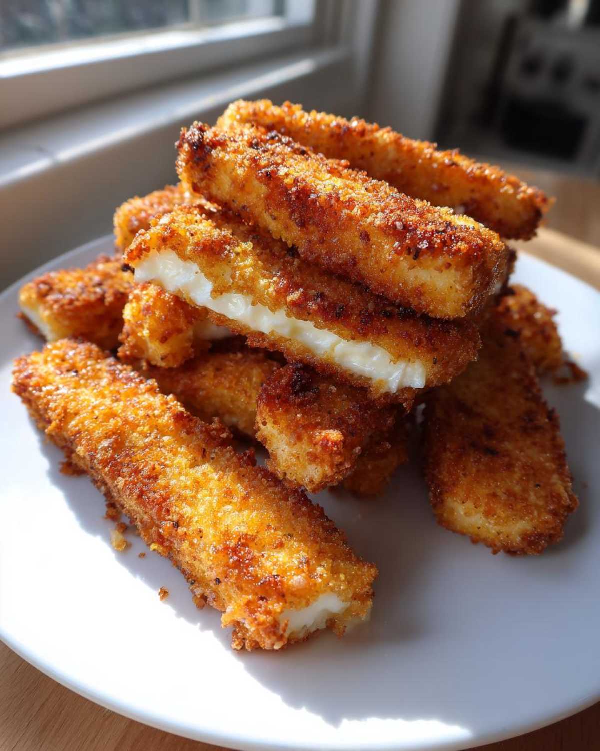 A stack of golden brown Air Fryer Crispy Halloumi Fries showing the melted white cheese interior.