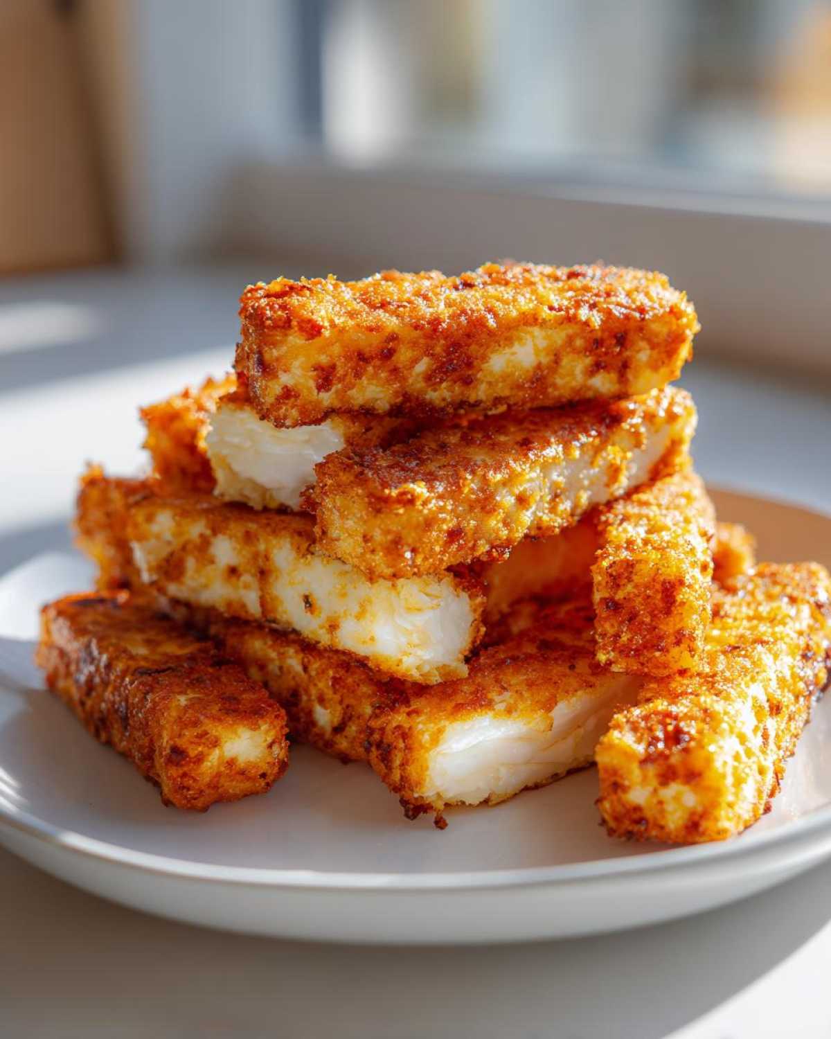 A stack of golden brown Air Fryer Crispy Halloumi Fries piled high on a white plate, showing the crispy coating and soft white interior.