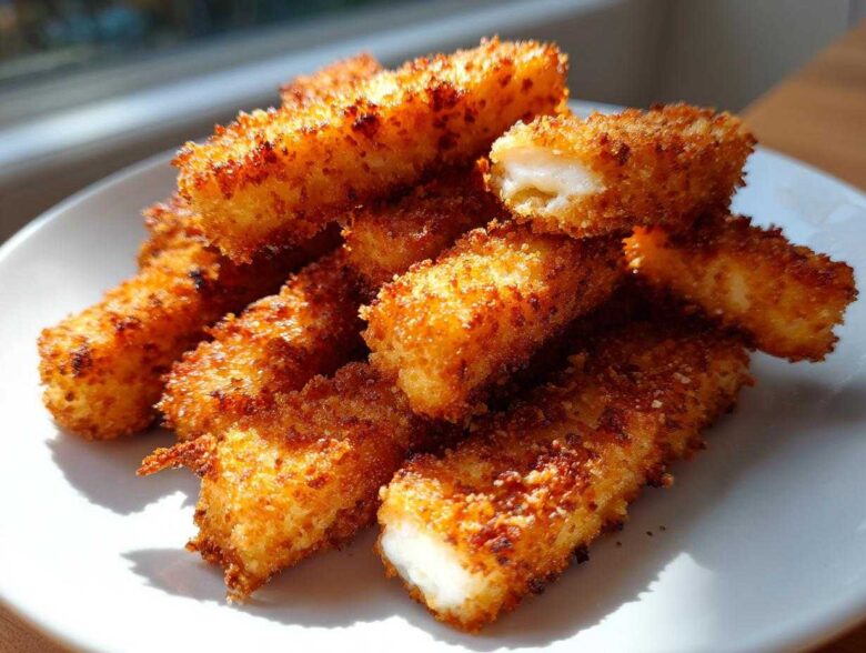 A pile of golden brown Air Fryer Crispy Halloumi Fries on a white plate, showing a soft, melted interior on one broken piece.