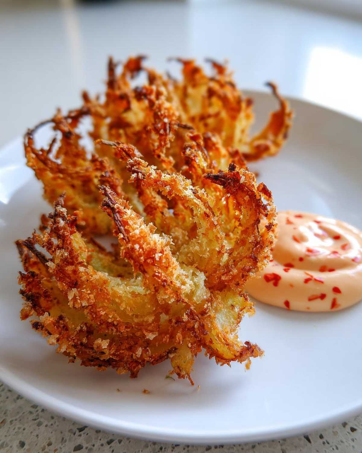 Two golden brown Air Fryer Crispy Onion Petals served on a white plate next to a swirl of spicy mayo.