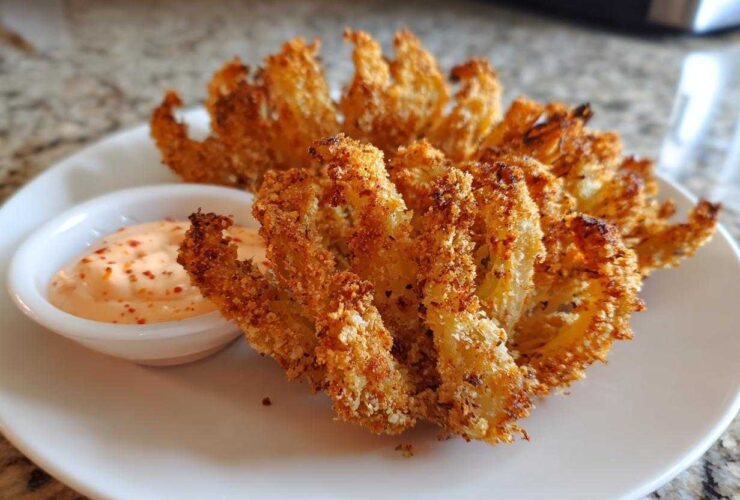 Two golden brown Air Fryer Crispy Onion Petals served on a white plate next to a small bowl of spicy mayo dipping sauce.