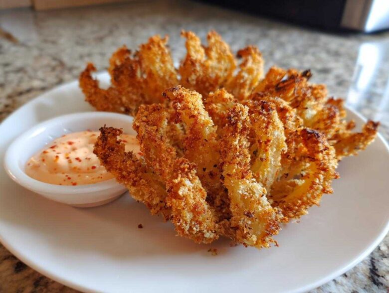 Two golden brown Air Fryer Crispy Onion Petals served on a white plate next to a small bowl of spicy mayo dipping sauce.