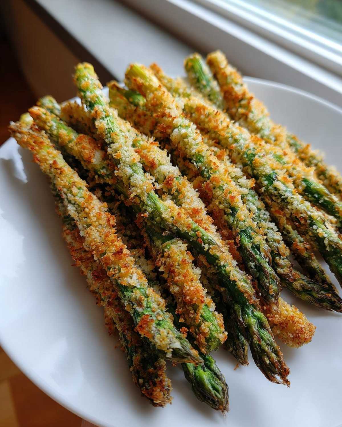 A pile of golden brown Air Fryer Crispy Parmesan Asparagus Fries served on a white plate near a window.