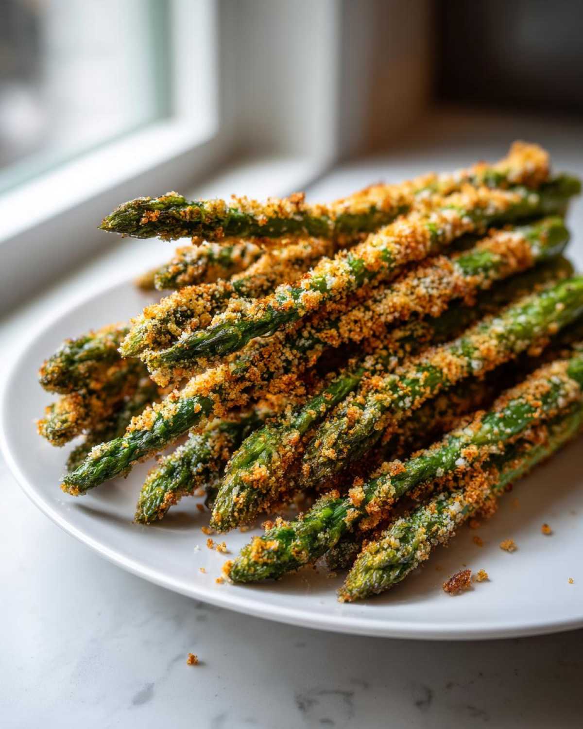 A pile of vibrant green Air Fryer Crispy Parmesan Asparagus Fries coated in golden breading on a white plate.
