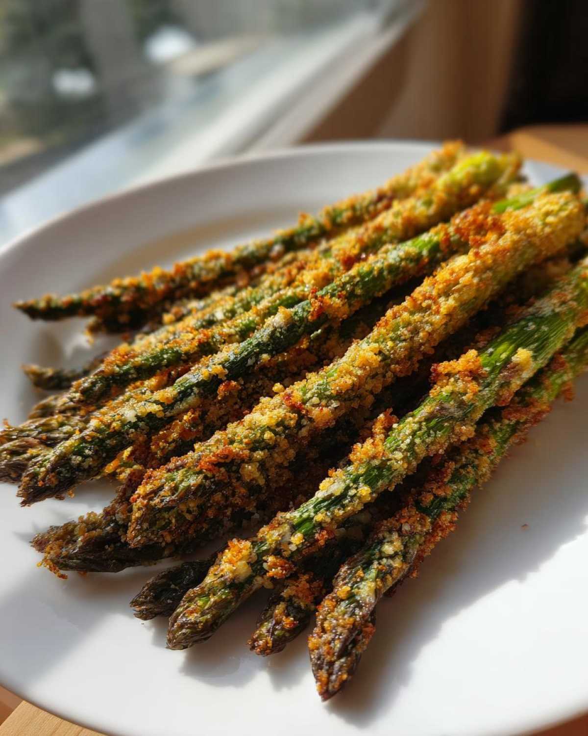 Close-up of perfectly cooked Air Fryer Crispy Parmesan Asparagus Fries stacked on a white plate.