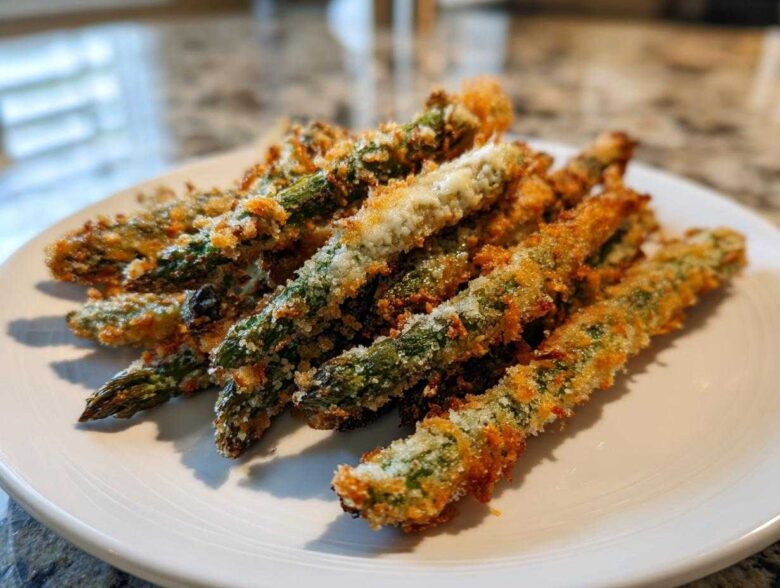 A pile of golden brown Air Fryer Crispy Parmesan Asparagus Fries served on a white plate.