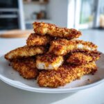 A tall stack of golden brown Air Fryer Crispy Parmesan Chicken Tenders piled high on a white plate.