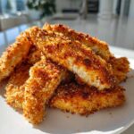 A pile of golden brown Air Fryer Crispy Parmesan Chicken Tenders stacked on a white plate.