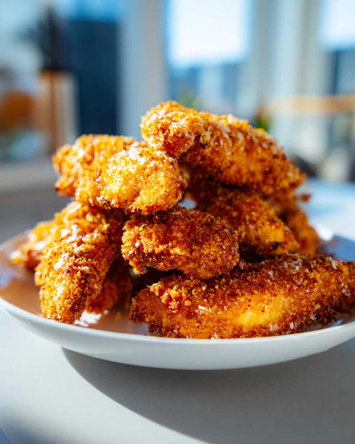 A stack of golden brown Air Fryer Crispy Parmesan Chicken Tenders sprinkled with white cheese on a white plate.