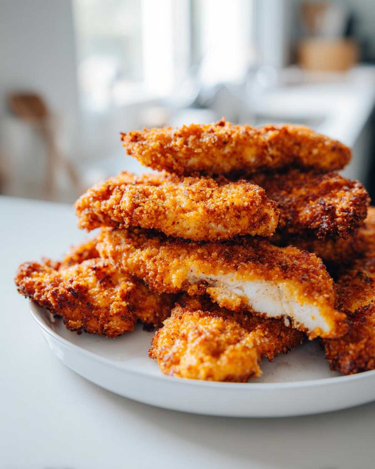 A stack of golden brown Air Fryer Crispy Parmesan Chicken Tenders piled high on a white plate, one tender is broken open showing the white meat inside.