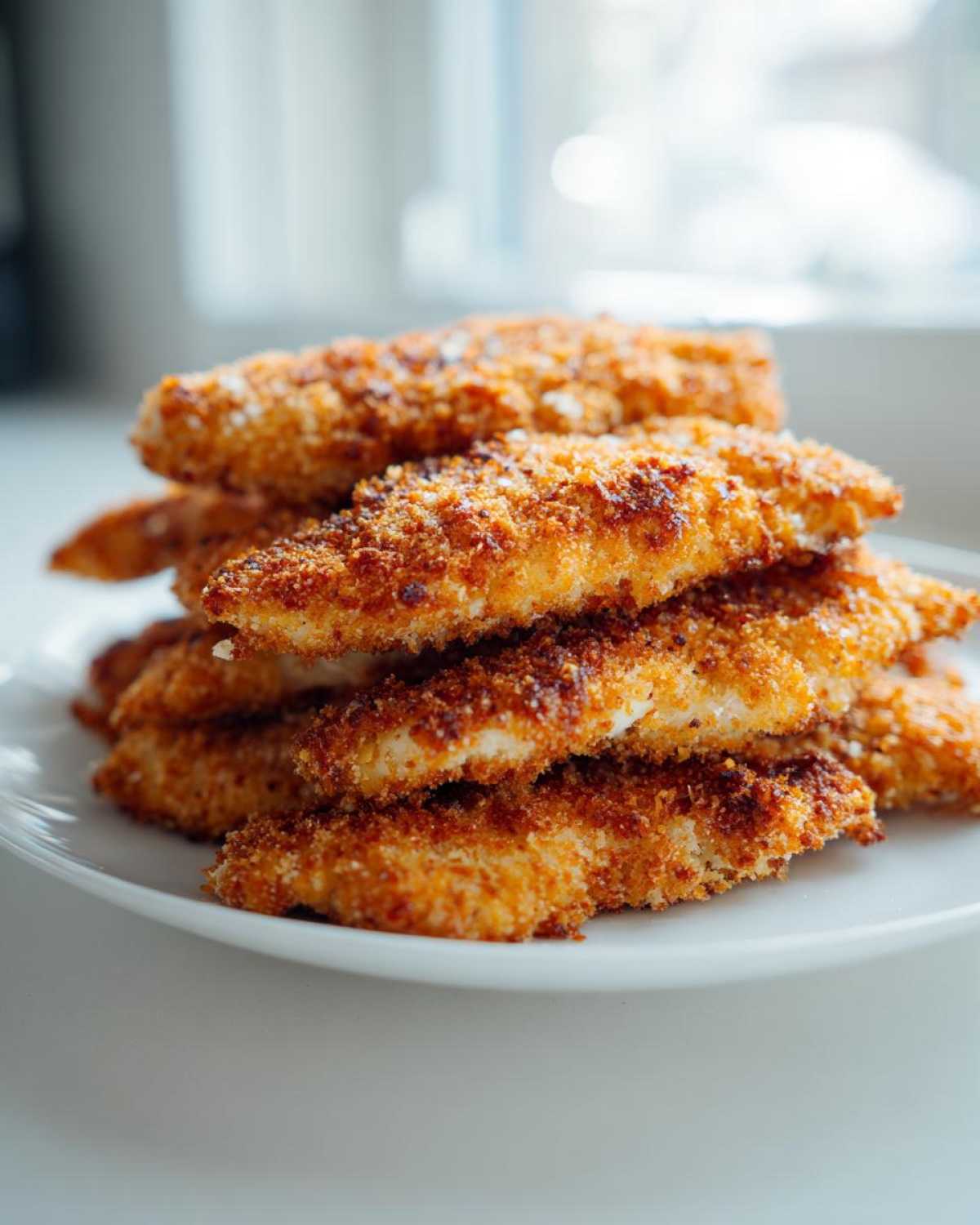 A stack of golden brown Air Fryer Crispy Parmesan Chicken Tenders piled high on a white plate.