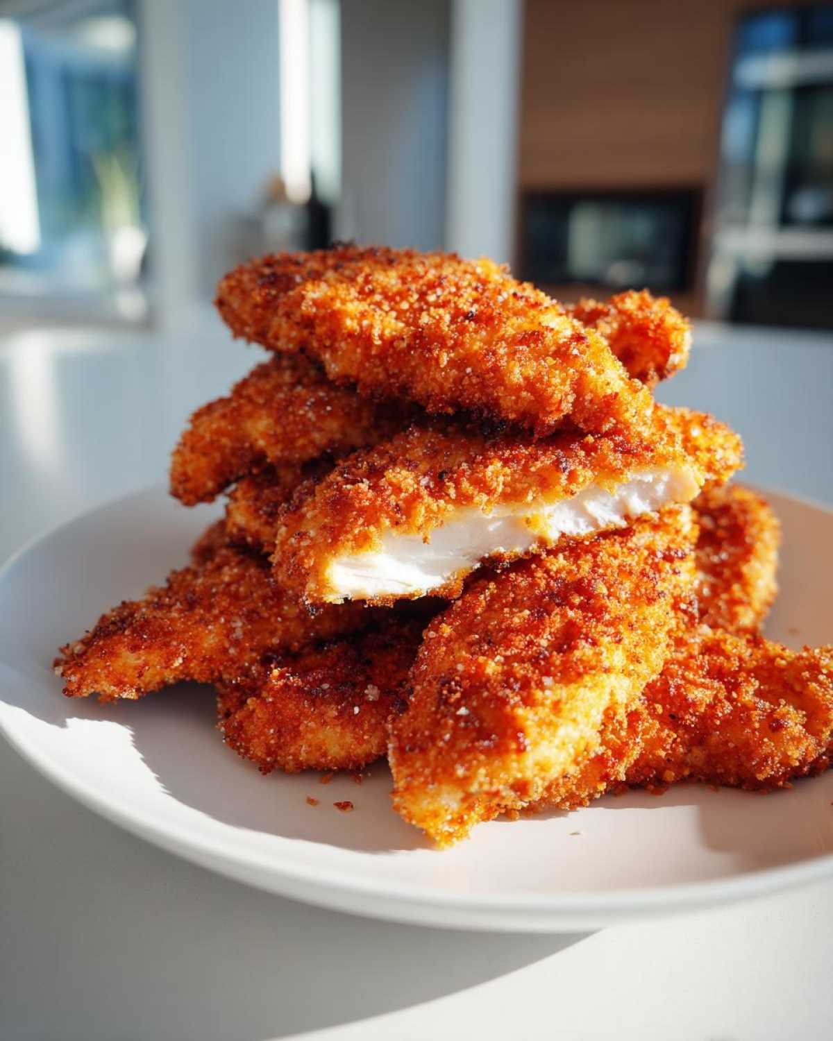 A stack of golden brown Air Fryer Crispy Parmesan Chicken Tenders, with one piece cut open showing the white, juicy interior.