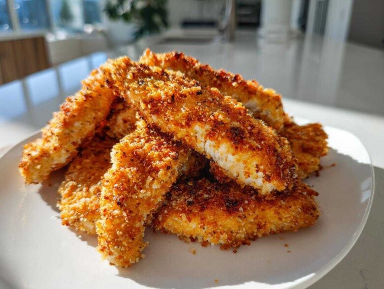 A pile of golden brown Air Fryer Crispy Parmesan Chicken Tenders stacked on a white plate.