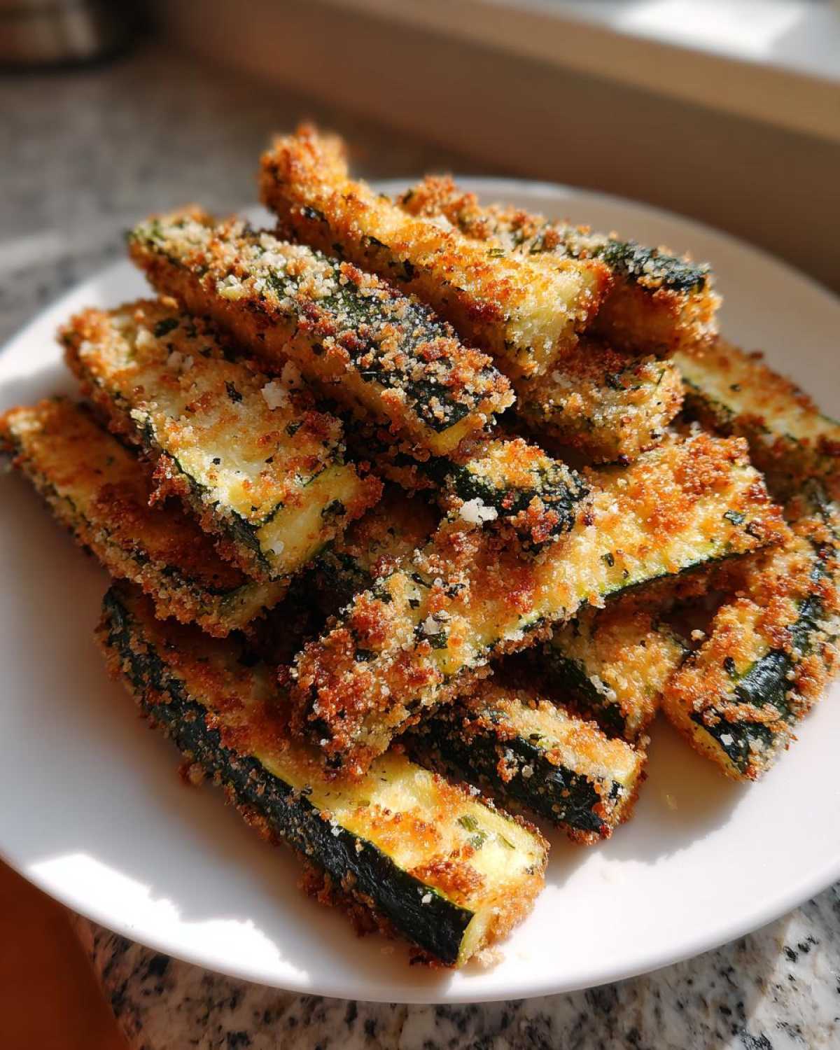 A pile of golden brown Air Fryer Crispy Parmesan Crusted Zucchini Spears stacked on a white plate.