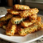 A pile of golden brown Air Fryer Crispy Parmesan Crusted Zucchini Spears stacked on a white plate.