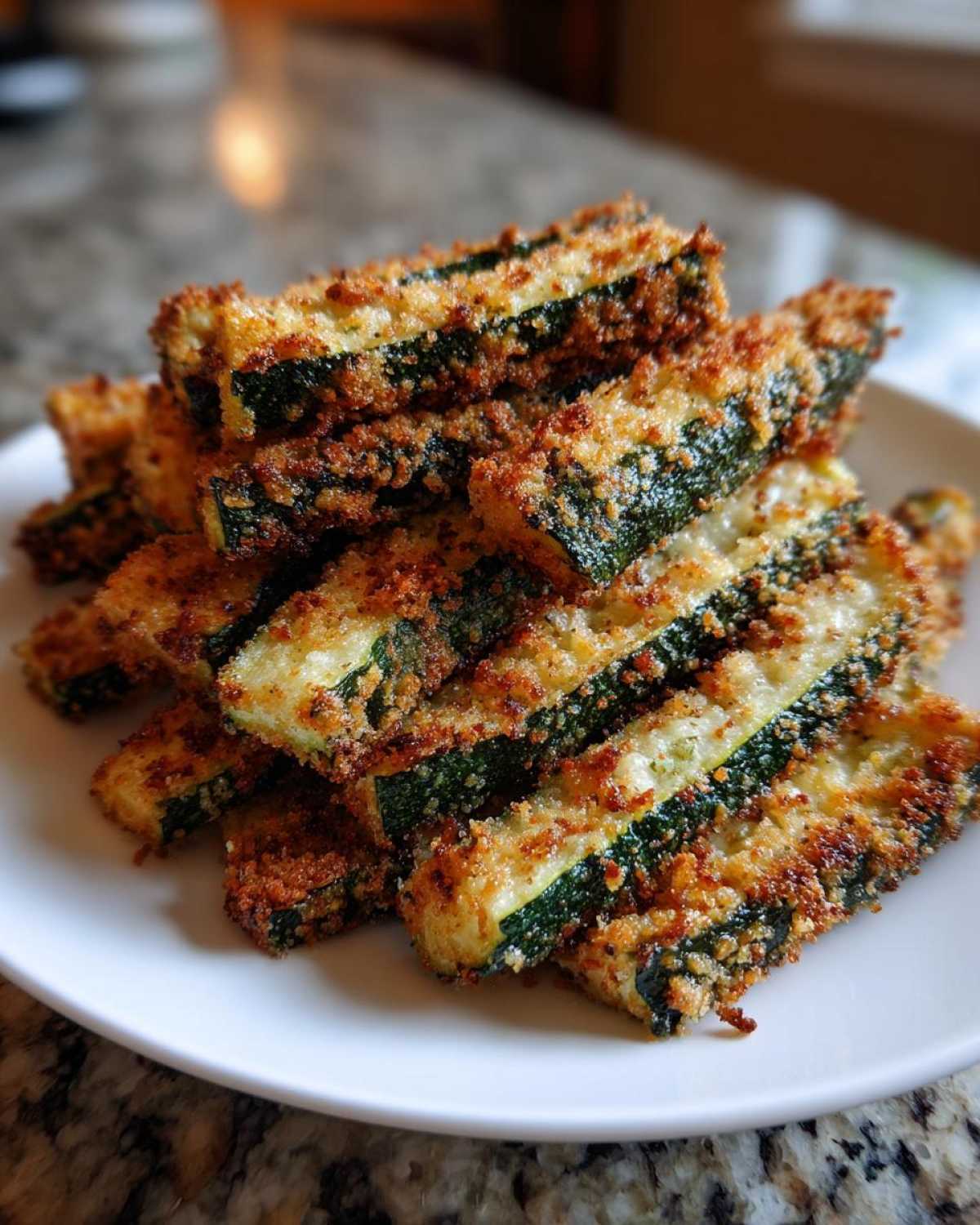 A stack of golden brown Air Fryer Crispy Parmesan Crusted Zucchini Spears piled high on a white plate.