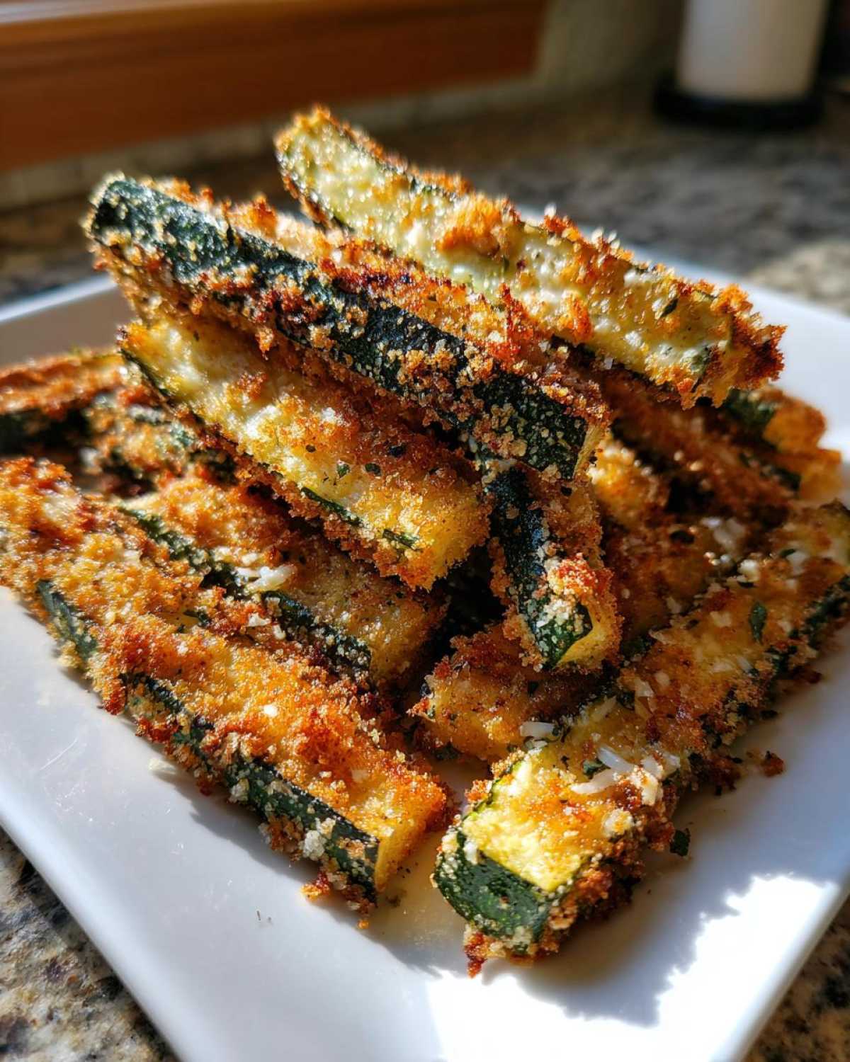 A pile of golden brown Air Fryer Crispy Parmesan Crusted Zucchini Spears stacked on a white plate.