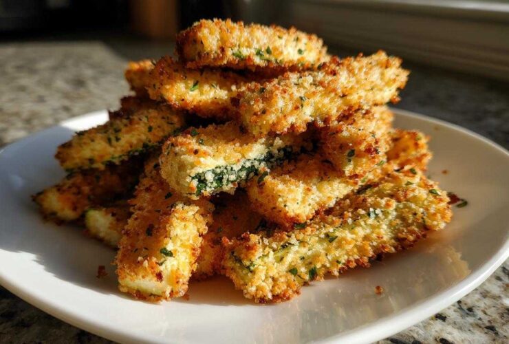 A pile of golden brown Air Fryer Crispy Parmesan Crusted Zucchini Spears stacked on a white plate.
