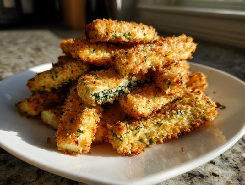 A pile of golden brown Air Fryer Crispy Parmesan Crusted Zucchini Spears stacked on a white plate.