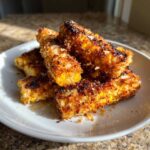 A pile of golden brown, crispy Air Fryer Crispy Parmesan Garlic Corn Ribs served on a white plate.