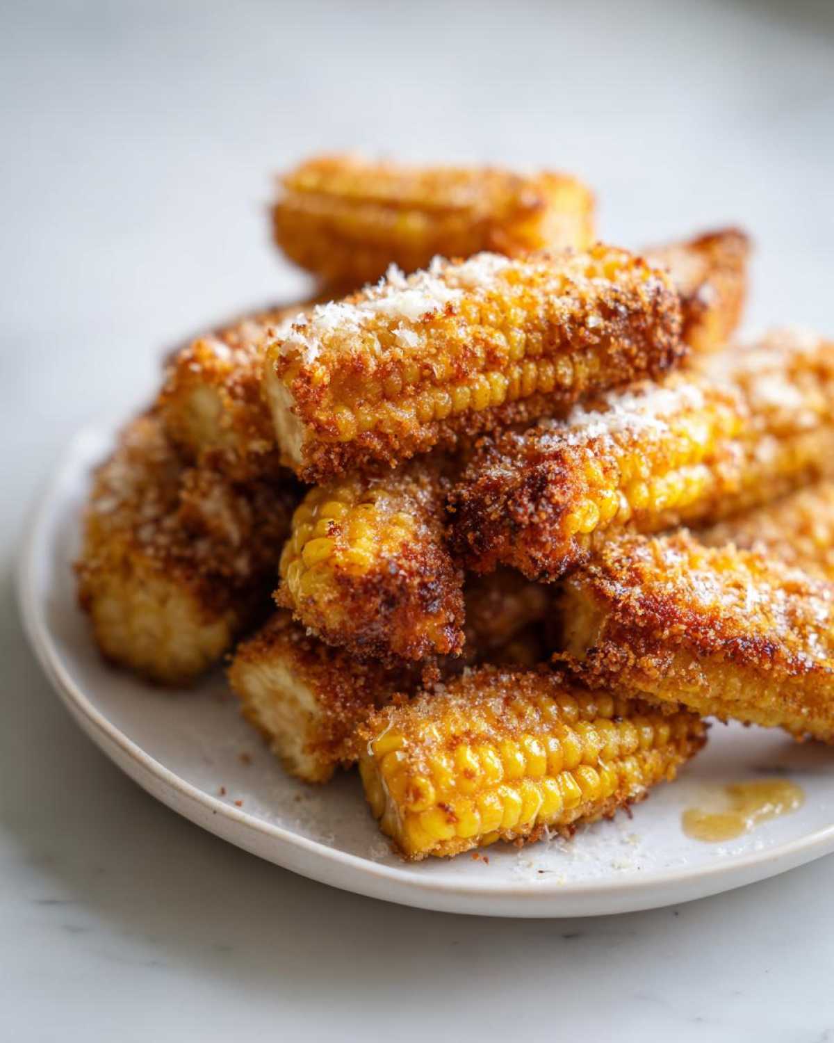 A pile of golden brown Air Fryer Crispy Parmesan Garlic Corn Ribs dusted with grated cheese on a light plate.