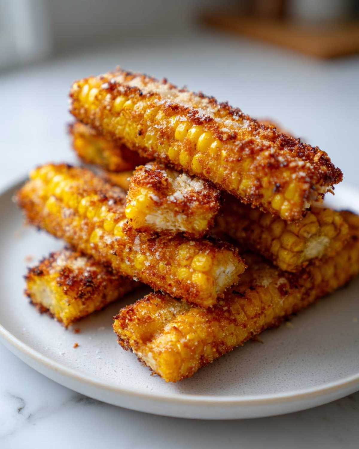 A stack of golden brown Air Fryer Crispy Parmesan Garlic Corn Ribs dusted with grated cheese on a light gray plate.