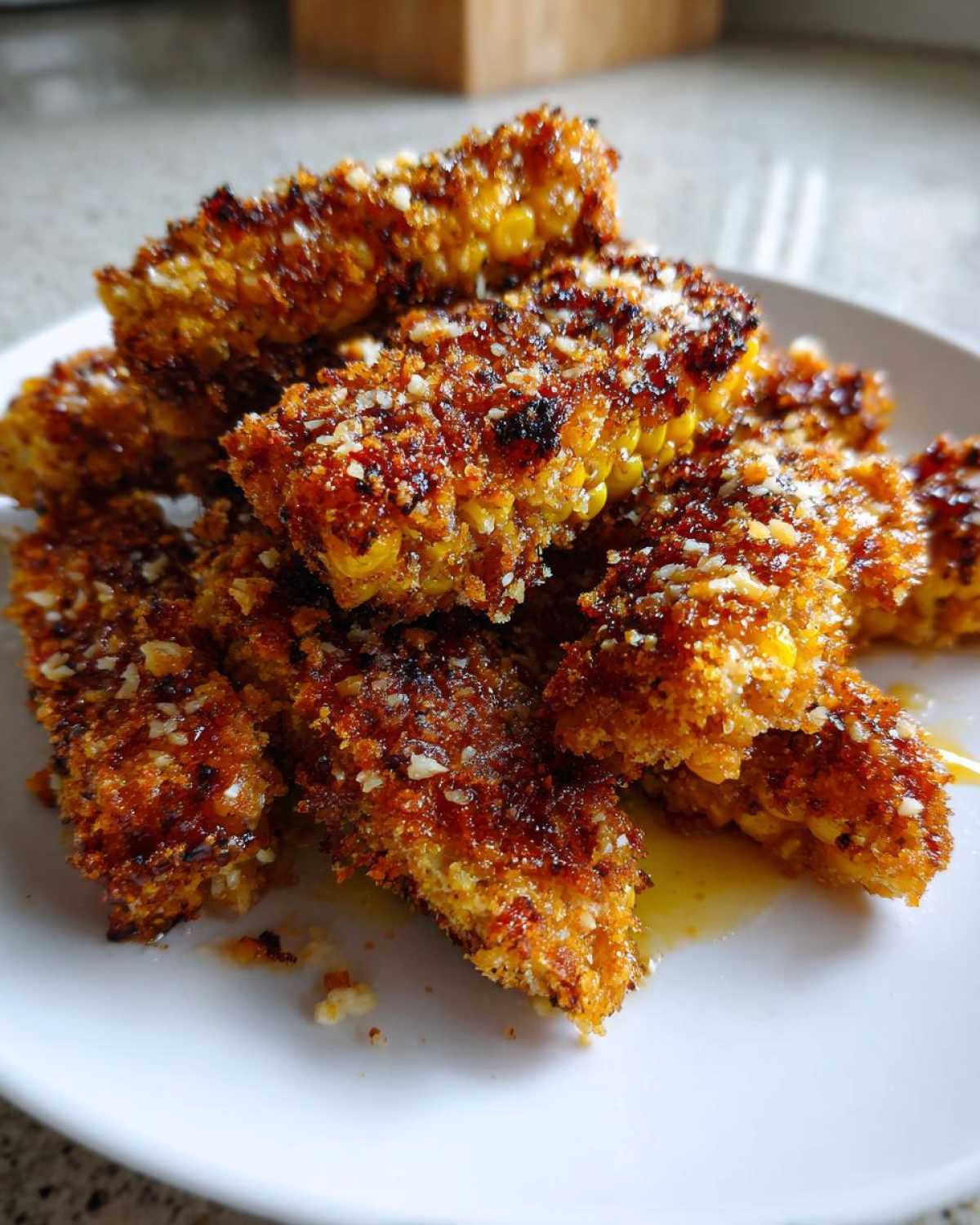 A pile of golden brown Air Fryer Crispy Parmesan Garlic Corn Ribs seasoned with visible grated cheese on a white plate.