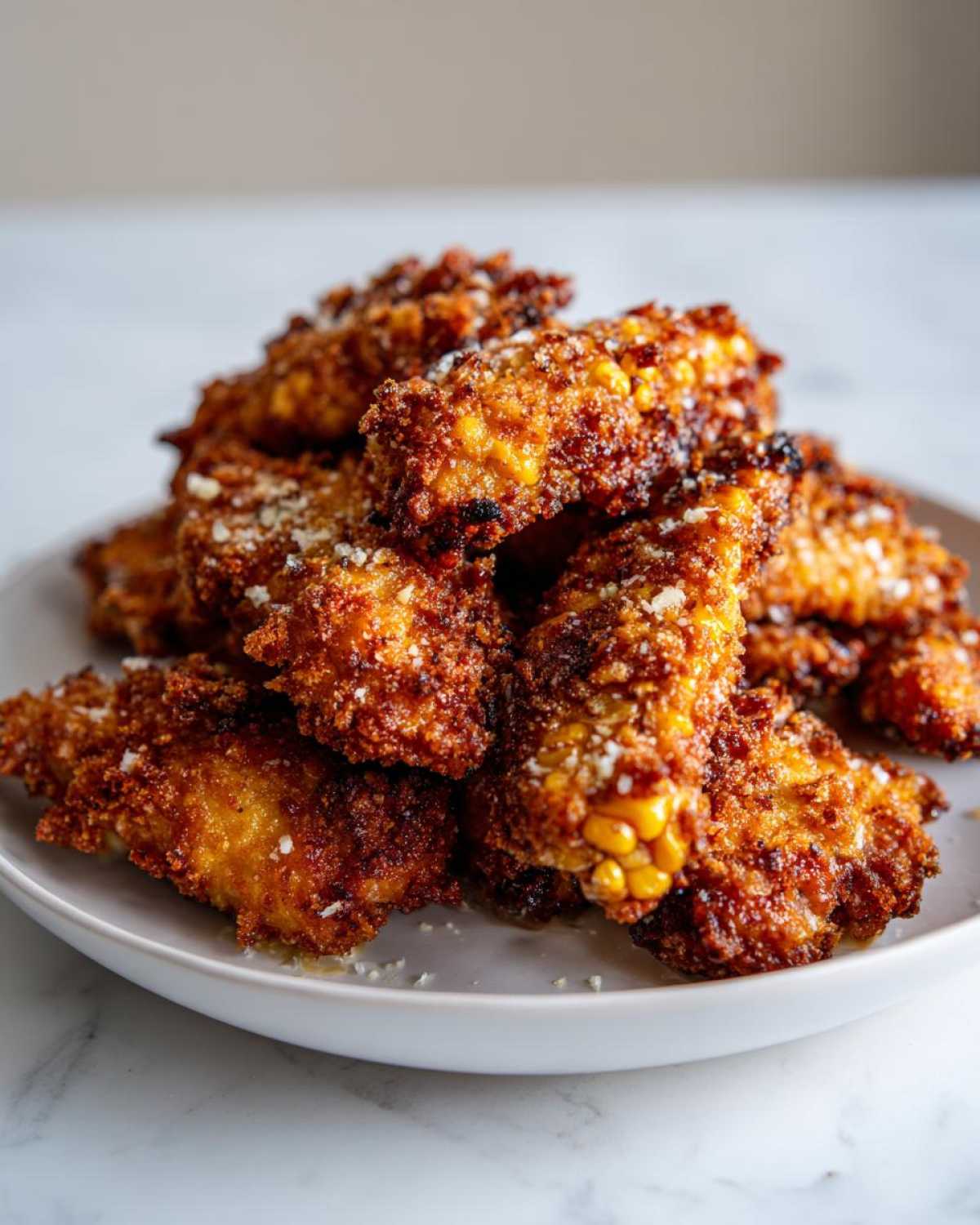 A close-up of a pile of golden brown Air Fryer Crispy Parmesan Garlic Corn Ribs dusted with grated cheese.