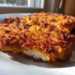 Close-up of golden brown, crispy Air Fryer Crispy Parmesan Pork Schnitzel showing the white interior meat.