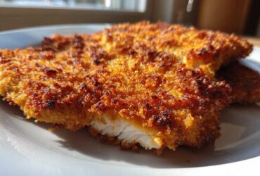 Close-up of golden brown, crispy Air Fryer Crispy Parmesan Pork Schnitzel showing the white interior meat.