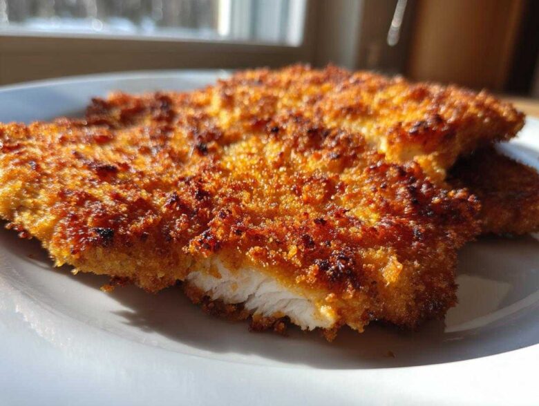 Close-up of golden brown, crispy Air Fryer Crispy Parmesan Pork Schnitzel showing the white interior meat.