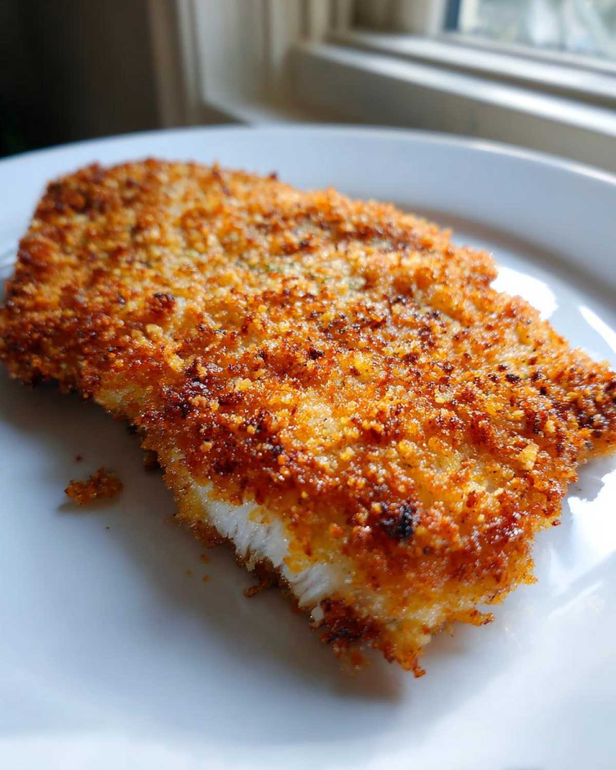 Close-up of a golden brown Air Fryer Crispy Parmesan Pork Schnitzel on a white plate.
