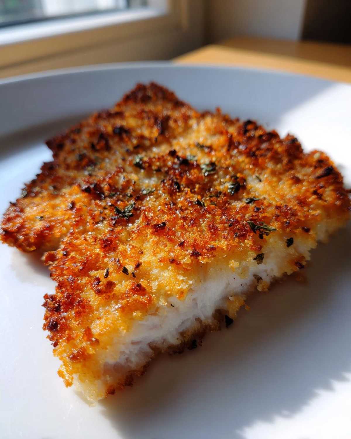 Close-up of a piece of Air Fryer Crispy Parmesan Pork Schnitzel showing the golden-brown, crunchy coating.