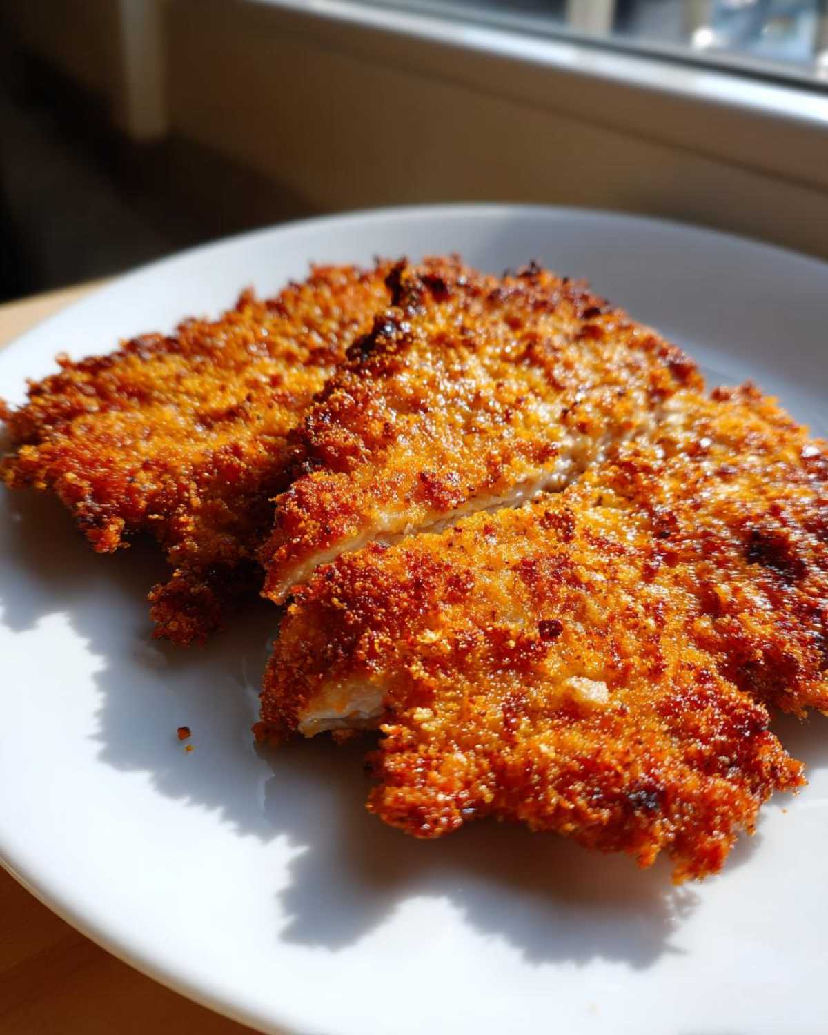 Close-up of golden brown, crispy Air Fryer Crispy Parmesan Pork Schnitzel slices on a white plate.