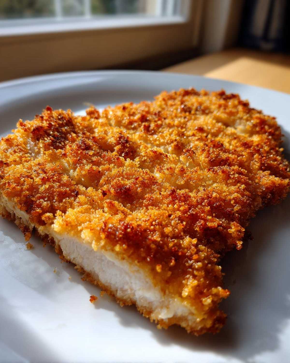 Close-up of a perfectly golden and crispy Air Fryer Crispy Parmesan Pork Schnitzel, showing the white interior meat.
