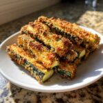 A pile of golden brown Air Fryer Crispy Parmesan Crusted Zucchini Spears stacked on a white plate.
