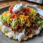A close-up of an Air Fryer Crispy Turkey Taco Bowl featuring seasoned ground turkey, white rice, shredded lettuce, cheese, salsa, and sour cream.